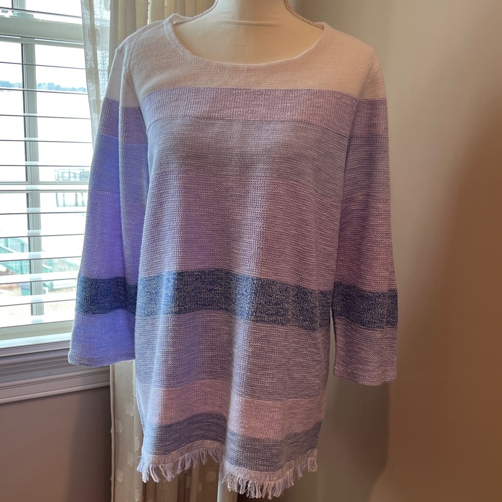 Chico's Lavender and White Striped Sweater with Fringe Bottom